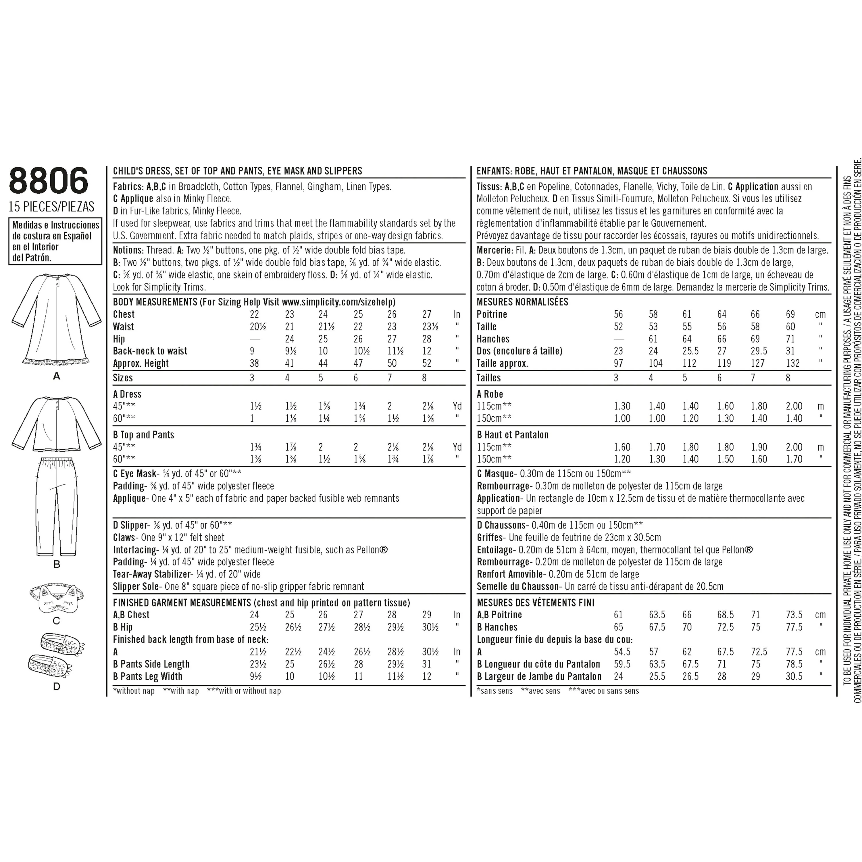 Simplicity Pattern S8806 Children's Dress, Top, Pants, Eye Mask & Slippers