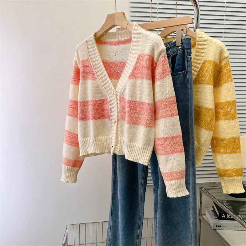 V-neck Candy Color Striped Soft Sweater