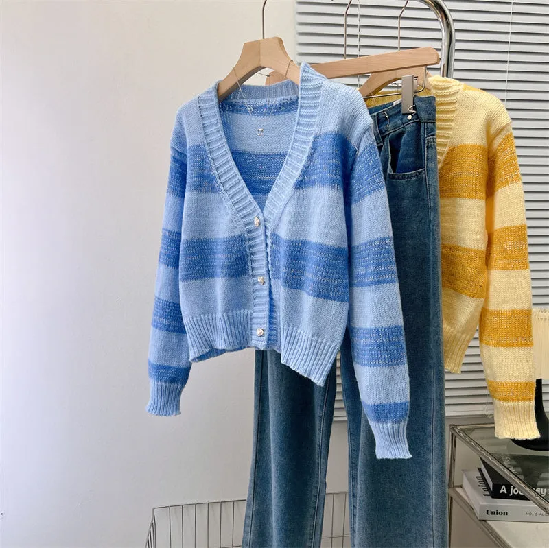 V-neck Candy Color Striped Soft Sweater