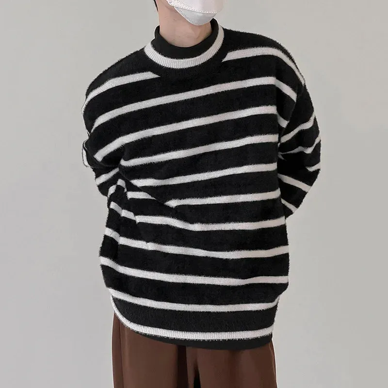 Wiaofellas  -  And Autumn Winter Striped Sweater Men's Thickened Warm Mohair Sweaters Korean Comfortable Inner Trend Kintting Tops 2A0777