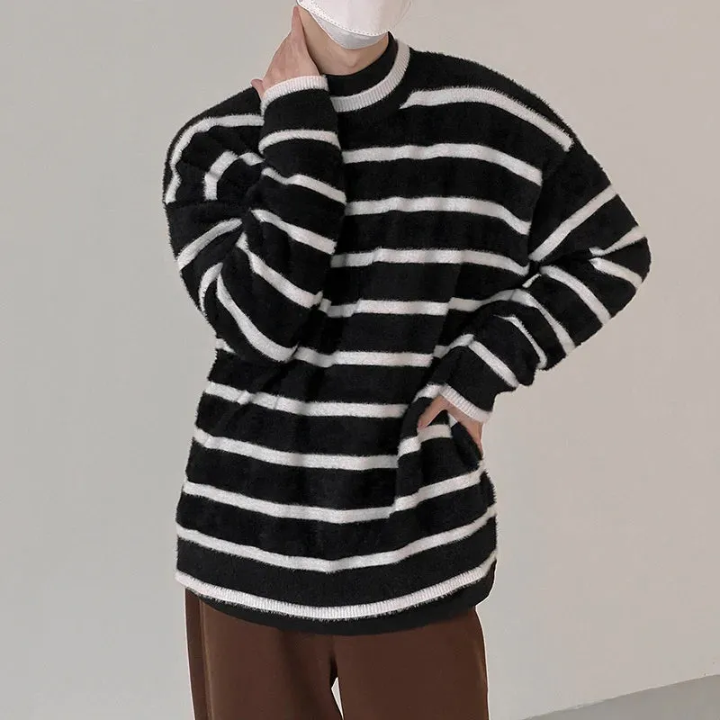 Wiaofellas  -  And Autumn Winter Striped Sweater Men's Thickened Warm Mohair Sweaters Korean Comfortable Inner Trend Kintting Tops 2A0777