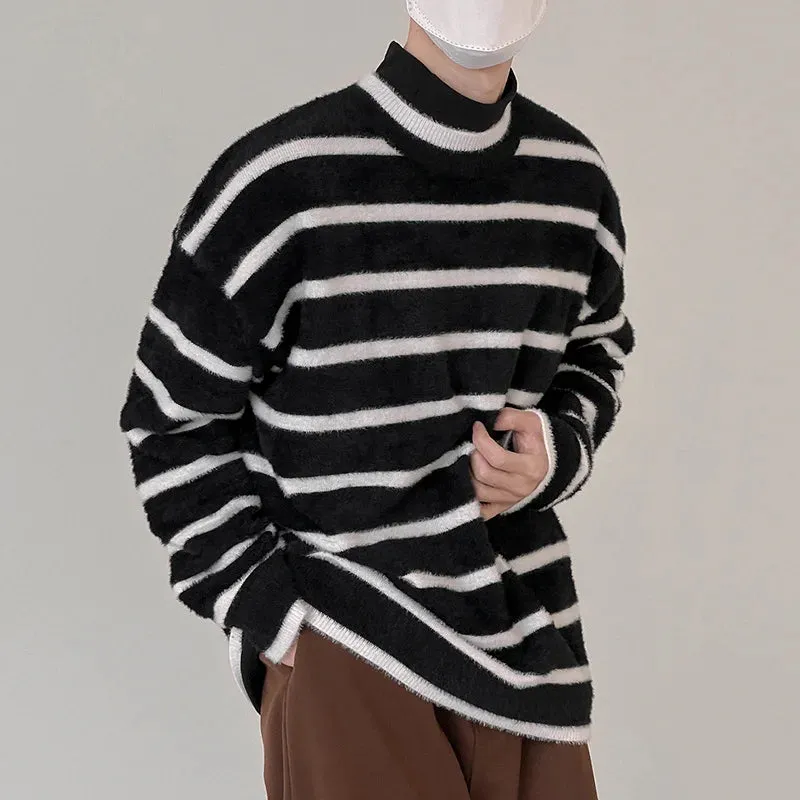Wiaofellas  -  And Autumn Winter Striped Sweater Men's Thickened Warm Mohair Sweaters Korean Comfortable Inner Trend Kintting Tops 2A0777