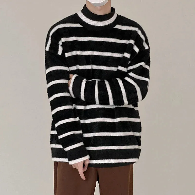 Wiaofellas  -  And Autumn Winter Striped Sweater Men's Thickened Warm Mohair Sweaters Korean Comfortable Inner Trend Kintting Tops 2A0777