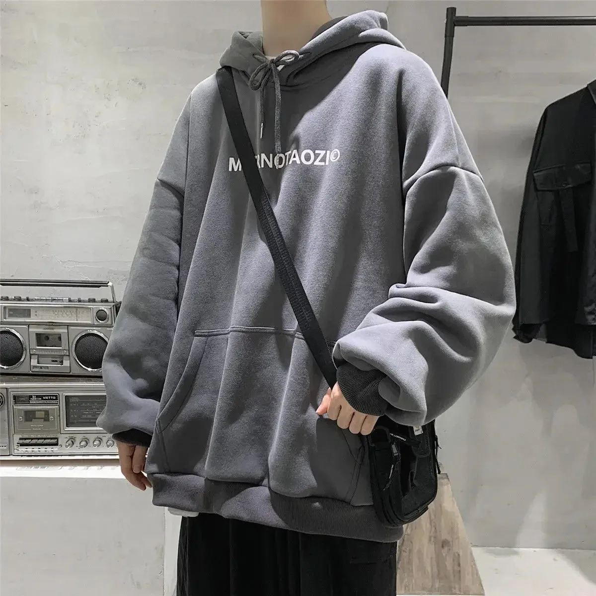 Wiaofellas  -  Male Clothes Hoodies White Sweatshirt For Men Hooded Simple Letter Loose Aesthetic New In Pastel Color Elegant Hot Offers Warm