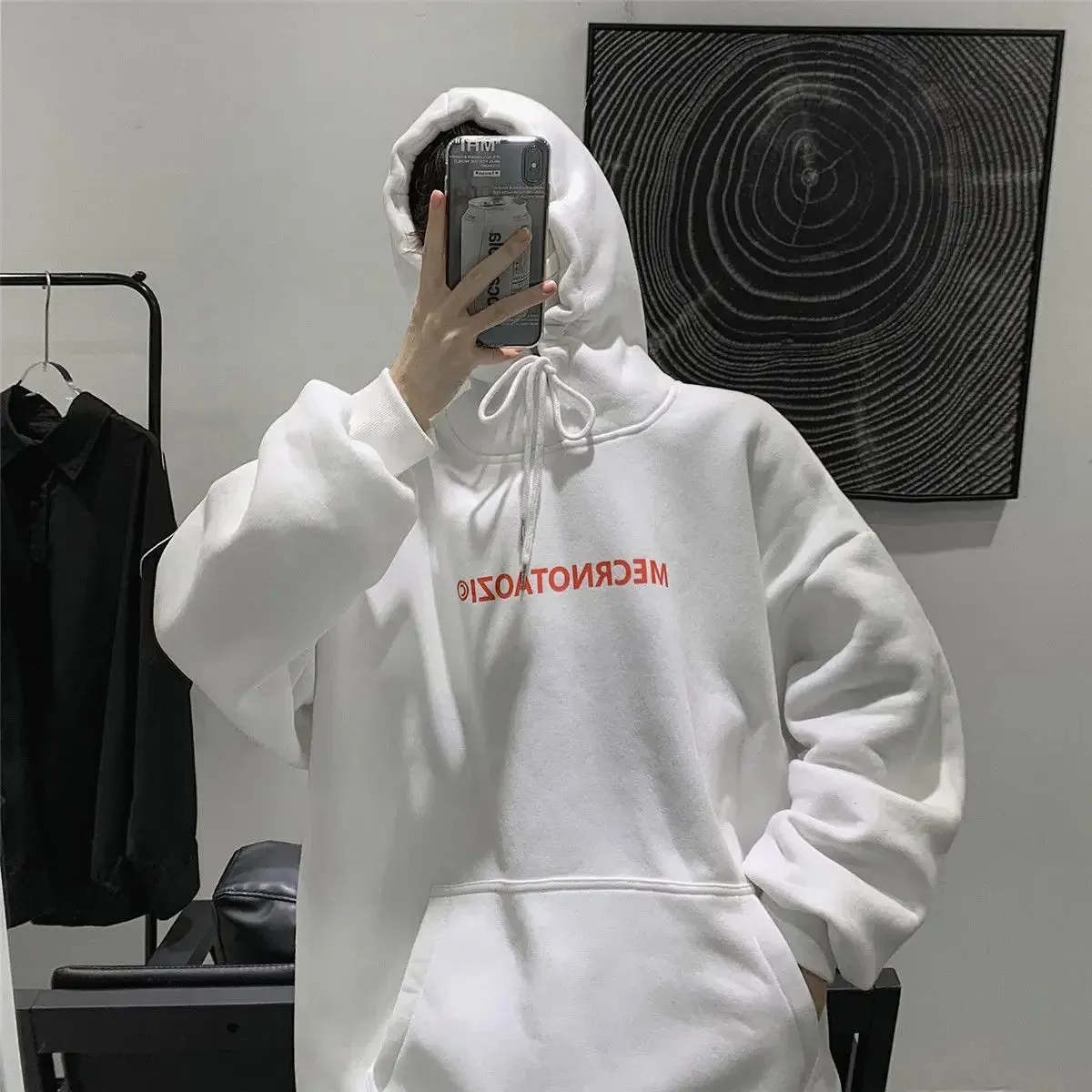 Wiaofellas  -  Male Clothes Hoodies White Sweatshirt For Men Hooded Simple Letter Loose Aesthetic New In Pastel Color Elegant Hot Offers Warm