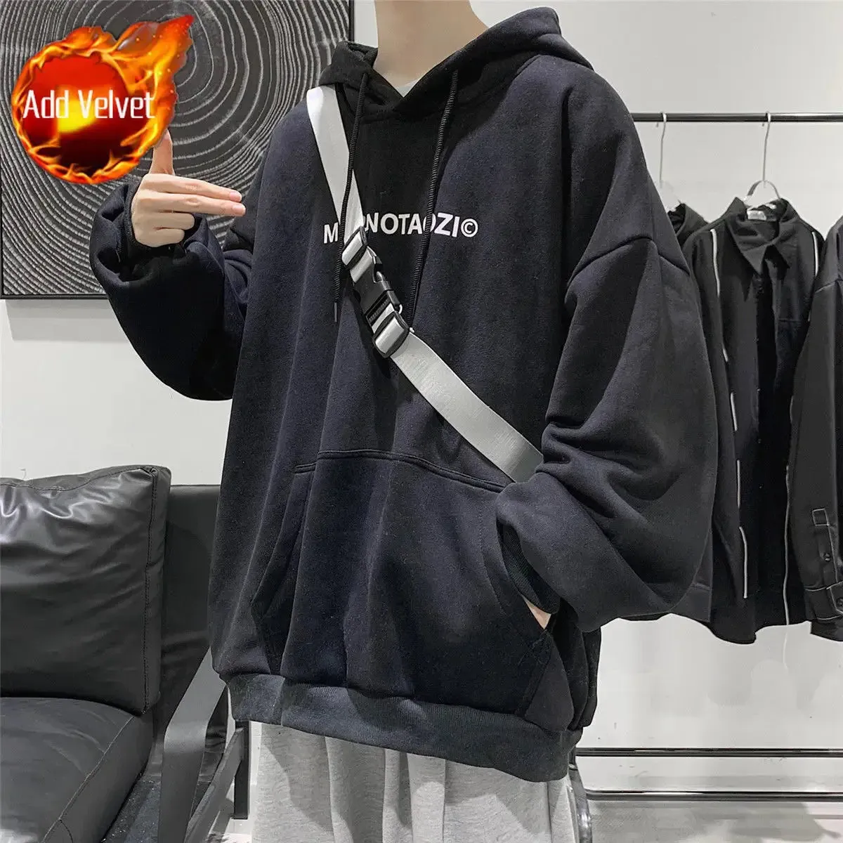 Wiaofellas  -  Male Clothes Hoodies White Sweatshirt For Men Hooded Simple Letter Loose Aesthetic New In Pastel Color Elegant Hot Offers Warm