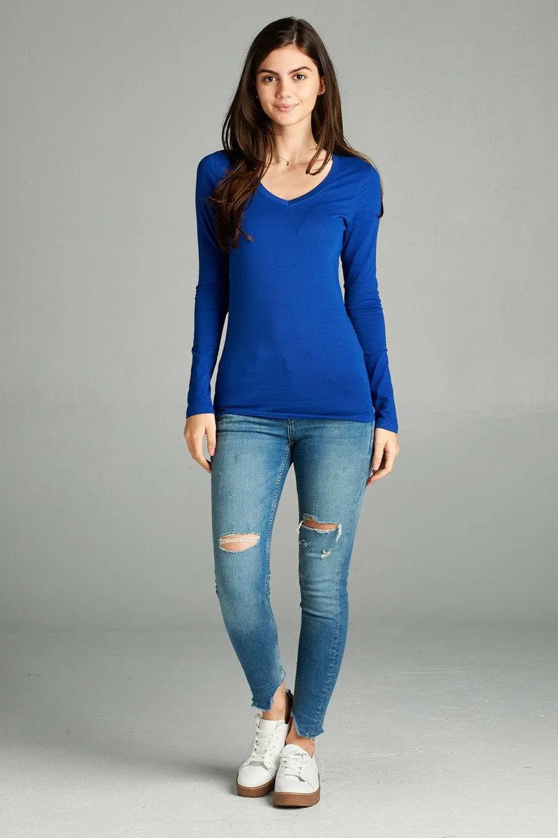 Women's Basic Long Sleeve V Neck T-Shirt Cotton Plus Size Top