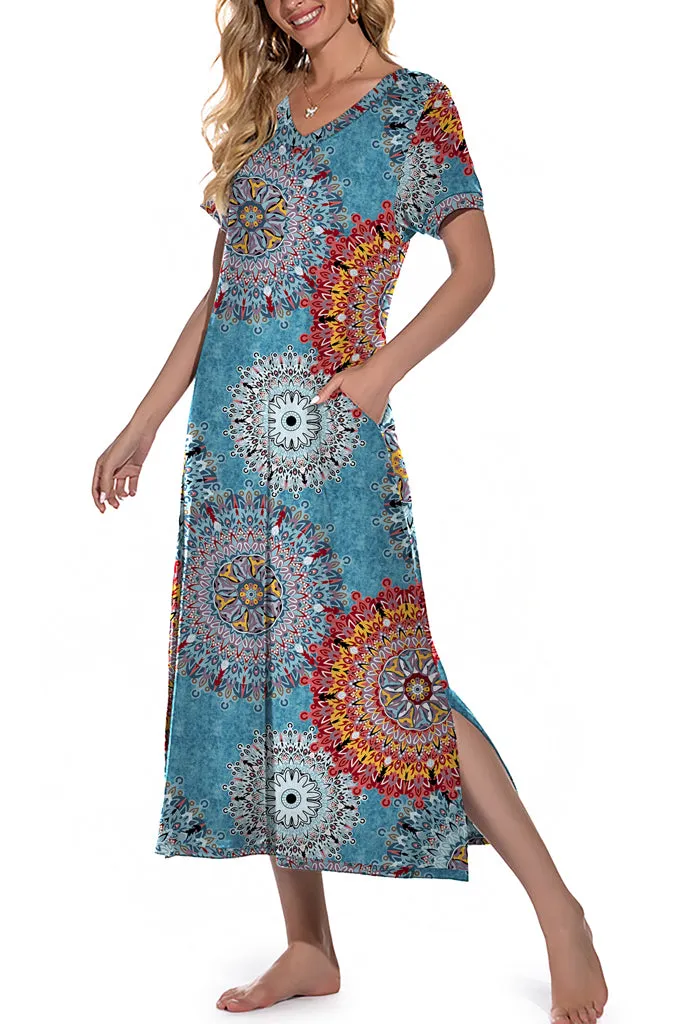 Womens Long Nightgown Short Sleeve Nightshirt V-Neck Soft With Pockets