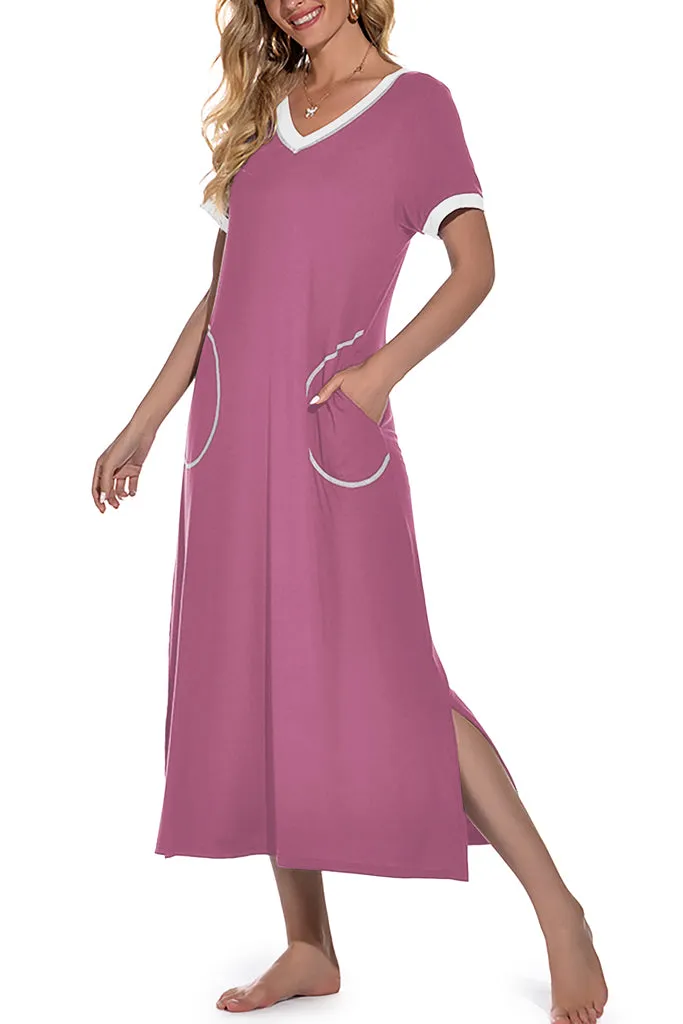 Womens Long Nightgown Short Sleeve Nightshirt V-Neck Soft With Pockets