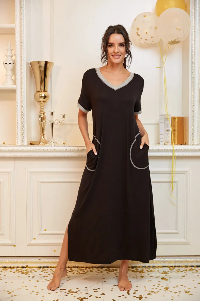 Womens Long Nightgown Short Sleeve Nightshirt V-Neck Soft With Pockets
