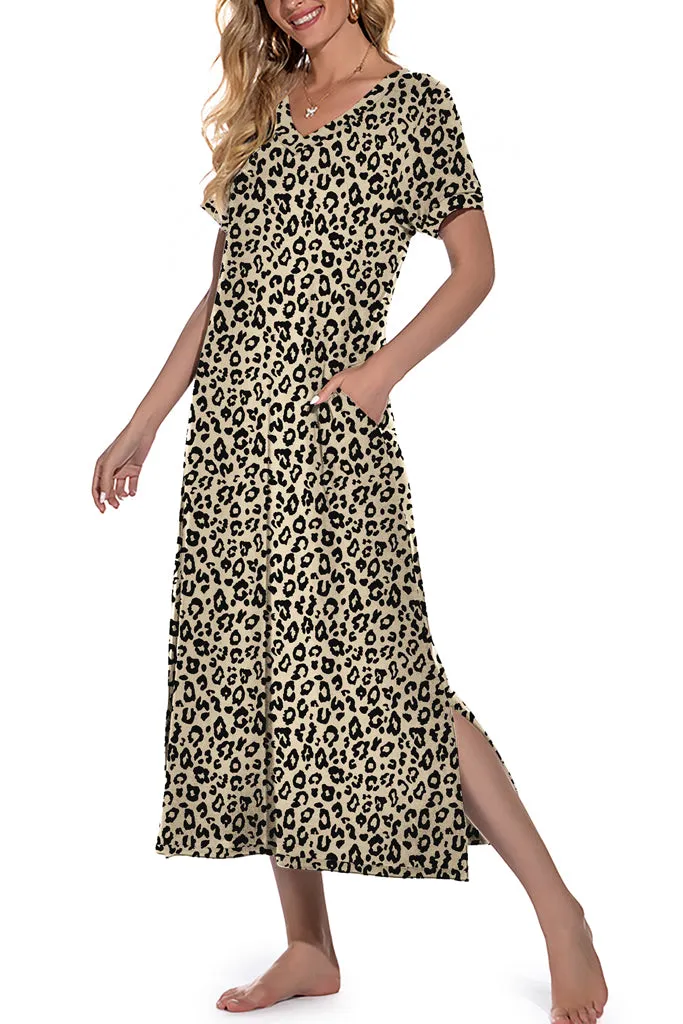Womens Long Nightgown Short Sleeve Nightshirt V-Neck Soft With Pockets