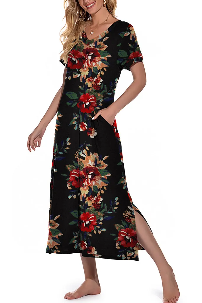 Womens Long Nightgown Short Sleeve Nightshirt V-Neck Soft With Pockets