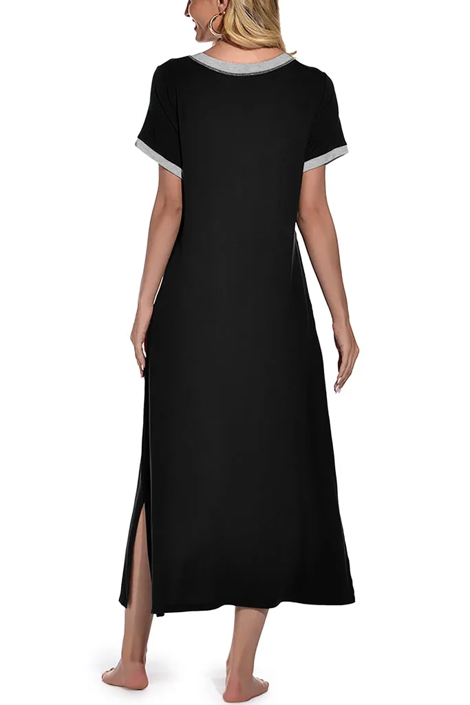 Womens Long Nightgown Short Sleeve Nightshirt V-Neck Soft With Pockets