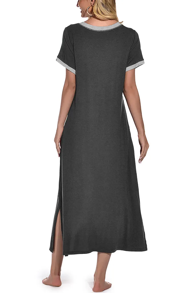 Womens Long Nightgown Short Sleeve Nightshirt V-Neck Soft With Pockets