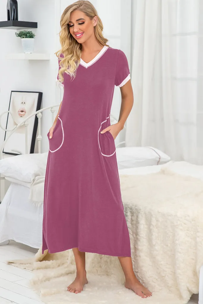 Womens Long Nightgown Short Sleeve Nightshirt V-Neck Soft With Pockets