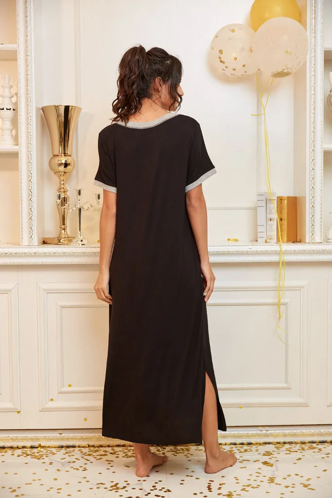 Womens Long Nightgown Short Sleeve Nightshirt V-Neck Soft With Pockets