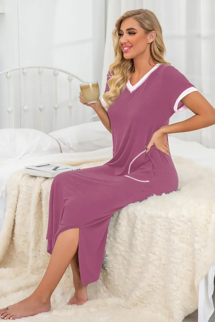 Womens Long Nightgown Short Sleeve Nightshirt V-Neck Soft With Pockets