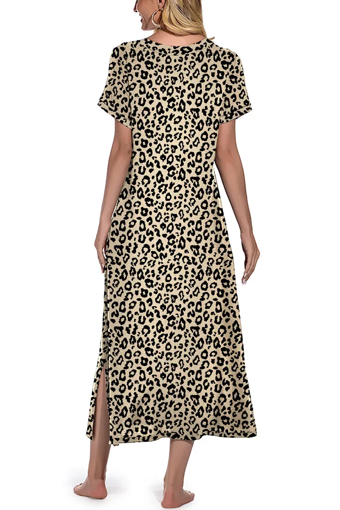 Womens Long Nightgown Short Sleeve Nightshirt V-Neck Soft With Pockets