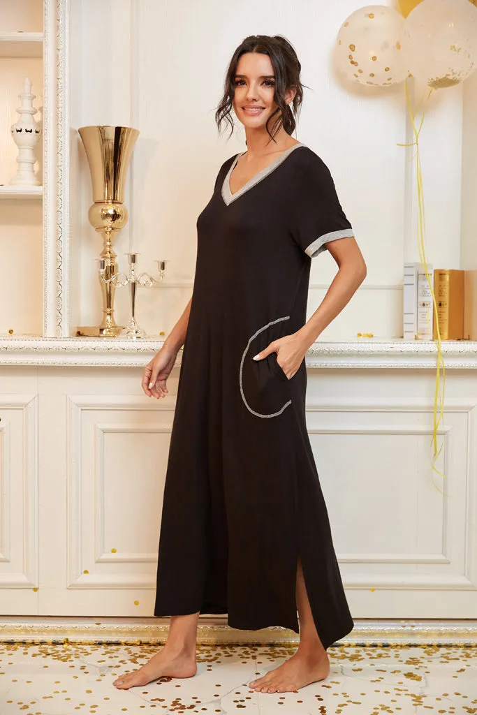Womens Long Nightgown Short Sleeve Nightshirt V-Neck Soft With Pockets