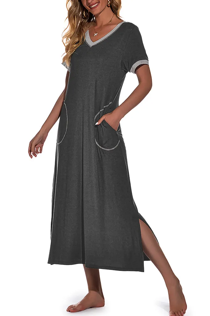 Womens Long Nightgown Short Sleeve Nightshirt V-Neck Soft With Pockets