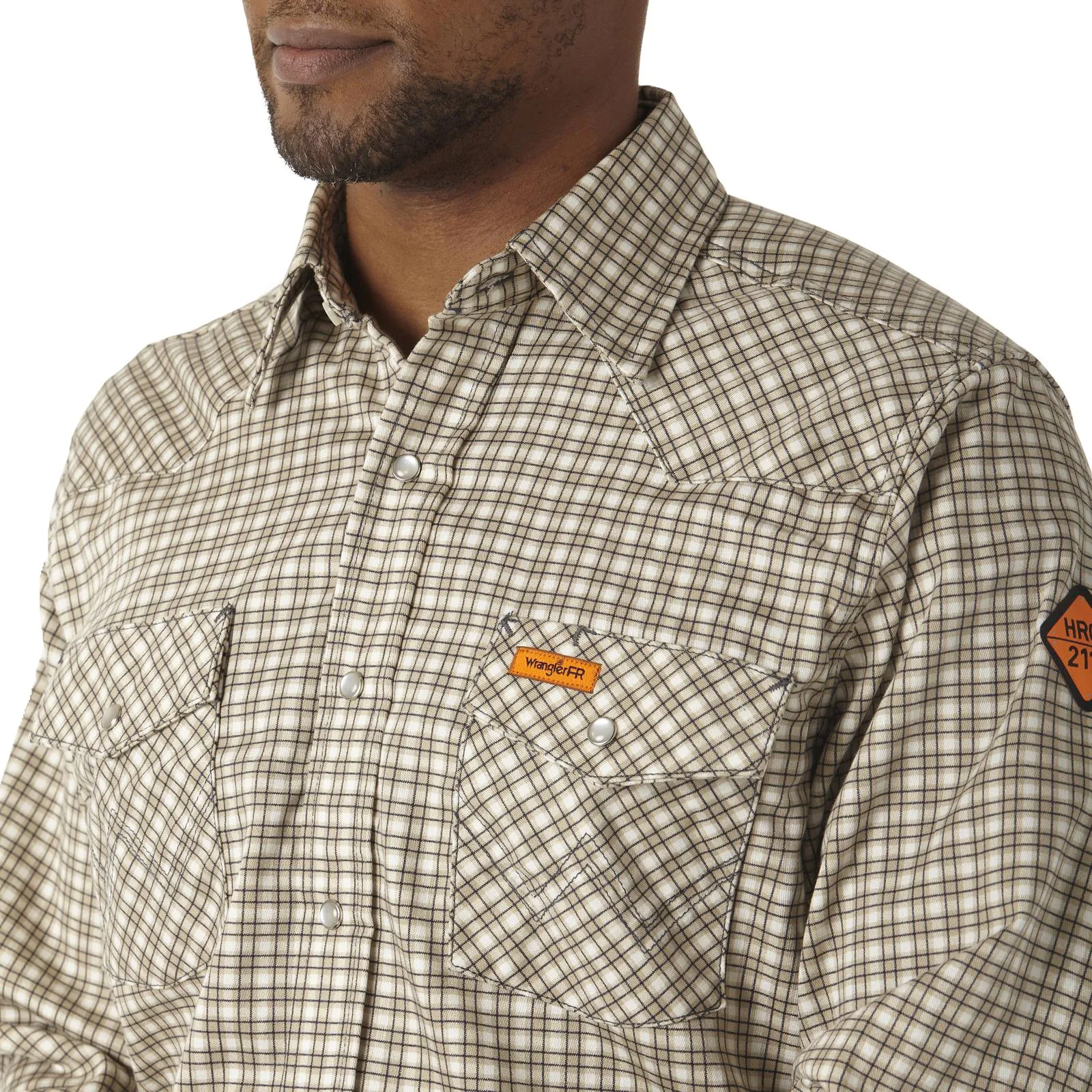 Wrangler FR Flame Resistant Lightweight Work Snap Shirt, FR124MM,  Khaki/White Plaid