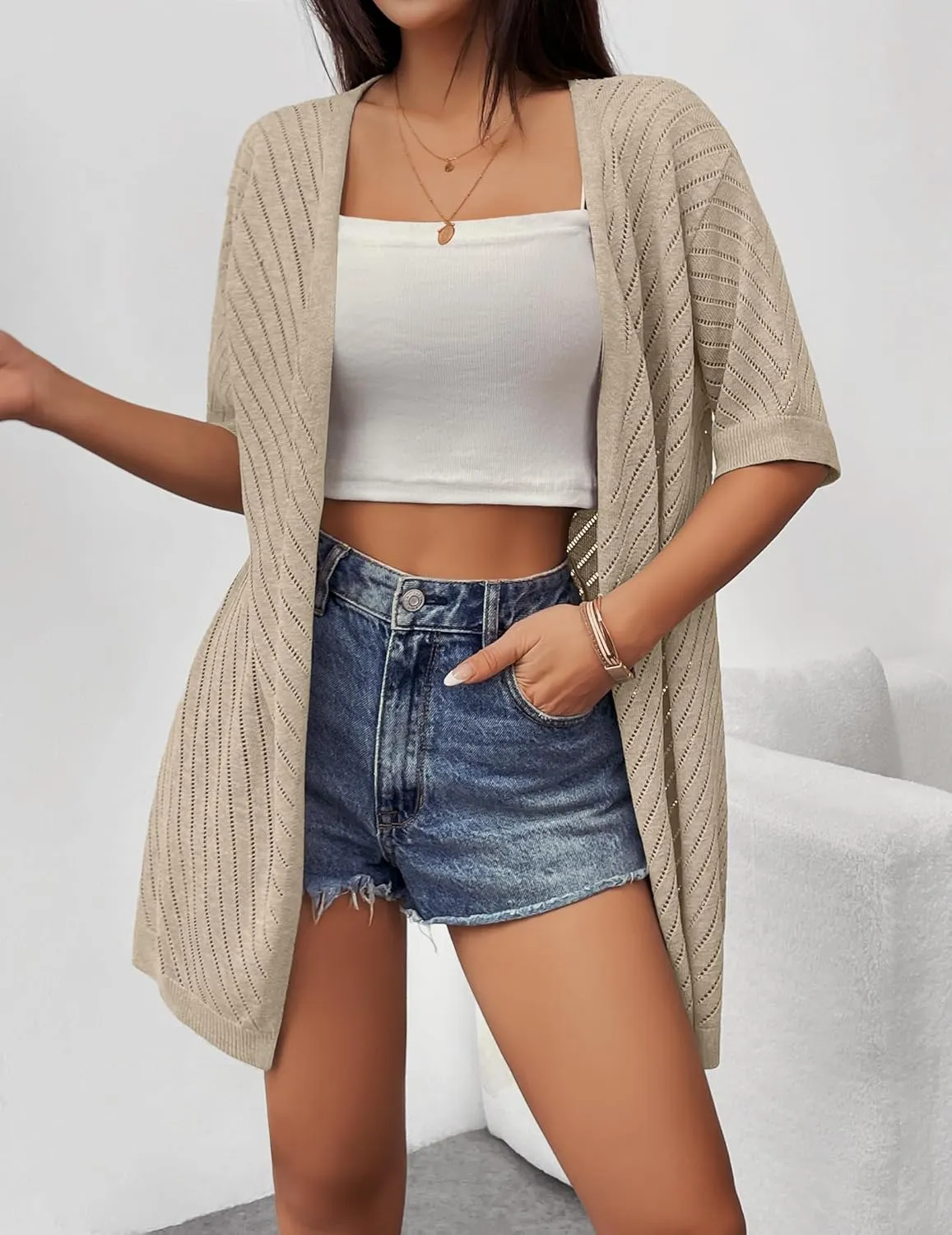 Zeagoo Short Sleeve Crochet Kimonos Open Front Cover Ups