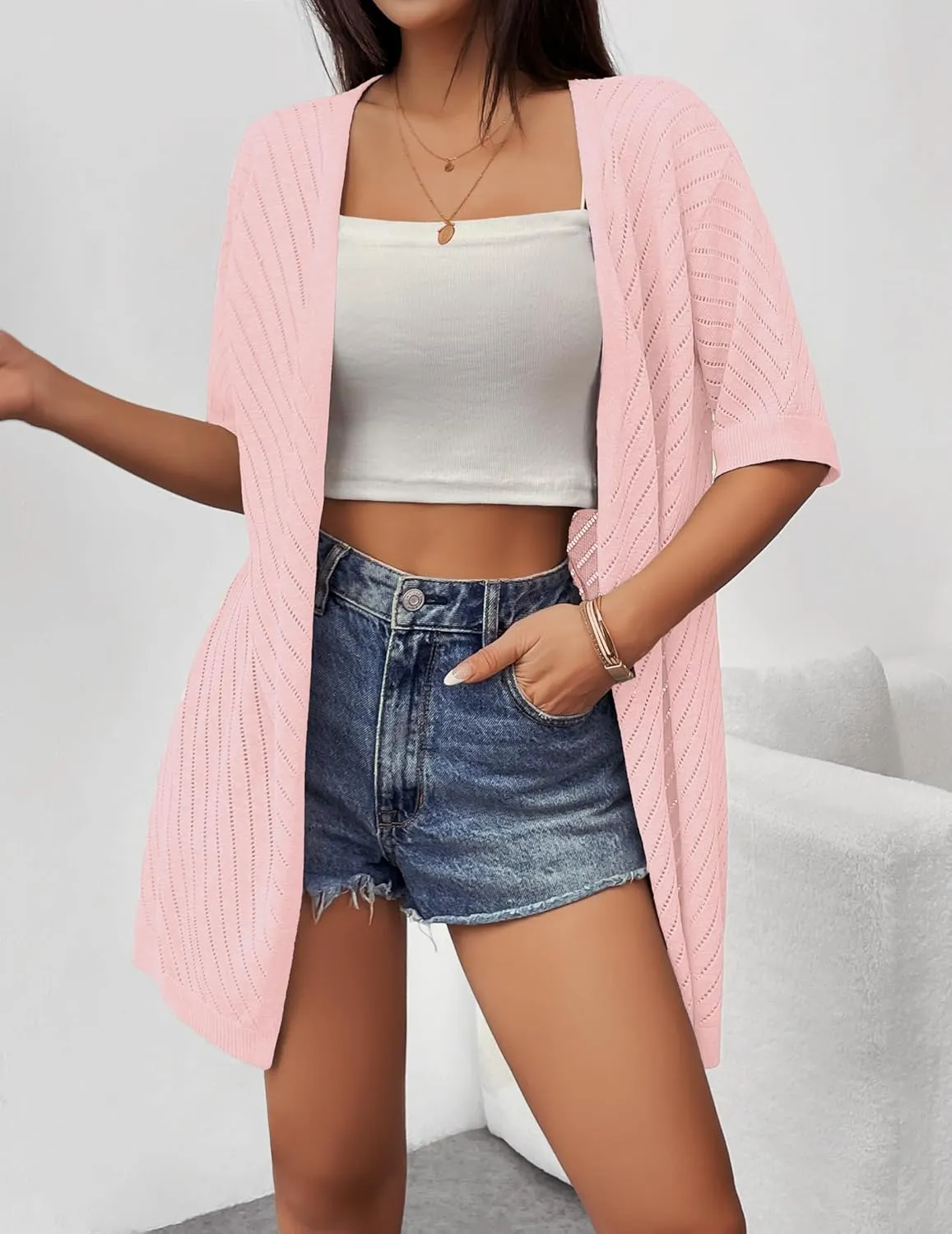 Zeagoo Short Sleeve Crochet Kimonos Open Front Cover Ups